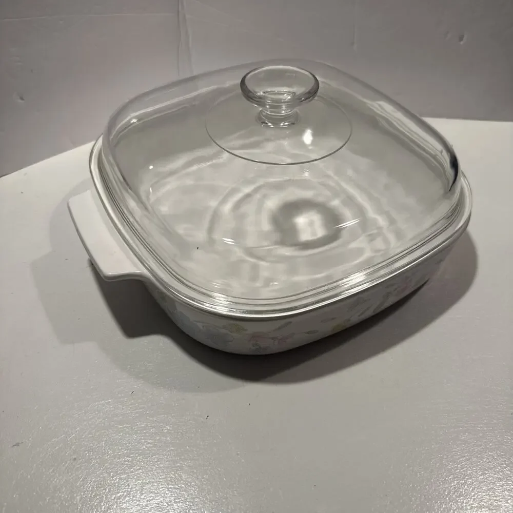Vtg Corning Ware Pastel Bouquet 2.5 Liter Casserole, A-10-B w/Pyrex Lid A-12-C